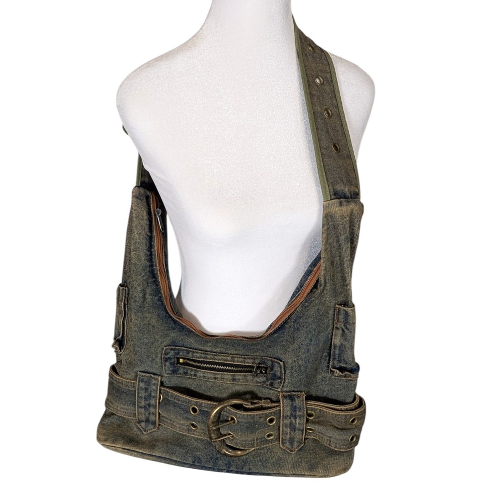 Denim Hobo Bag Belted Cargo Pocket Acid Wash Distressed Shoulder Purse